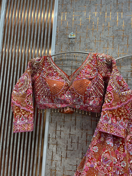 रस्ट ऑरेंज क्रॉप टॉप, रेडी-टू-वियर लहंगा