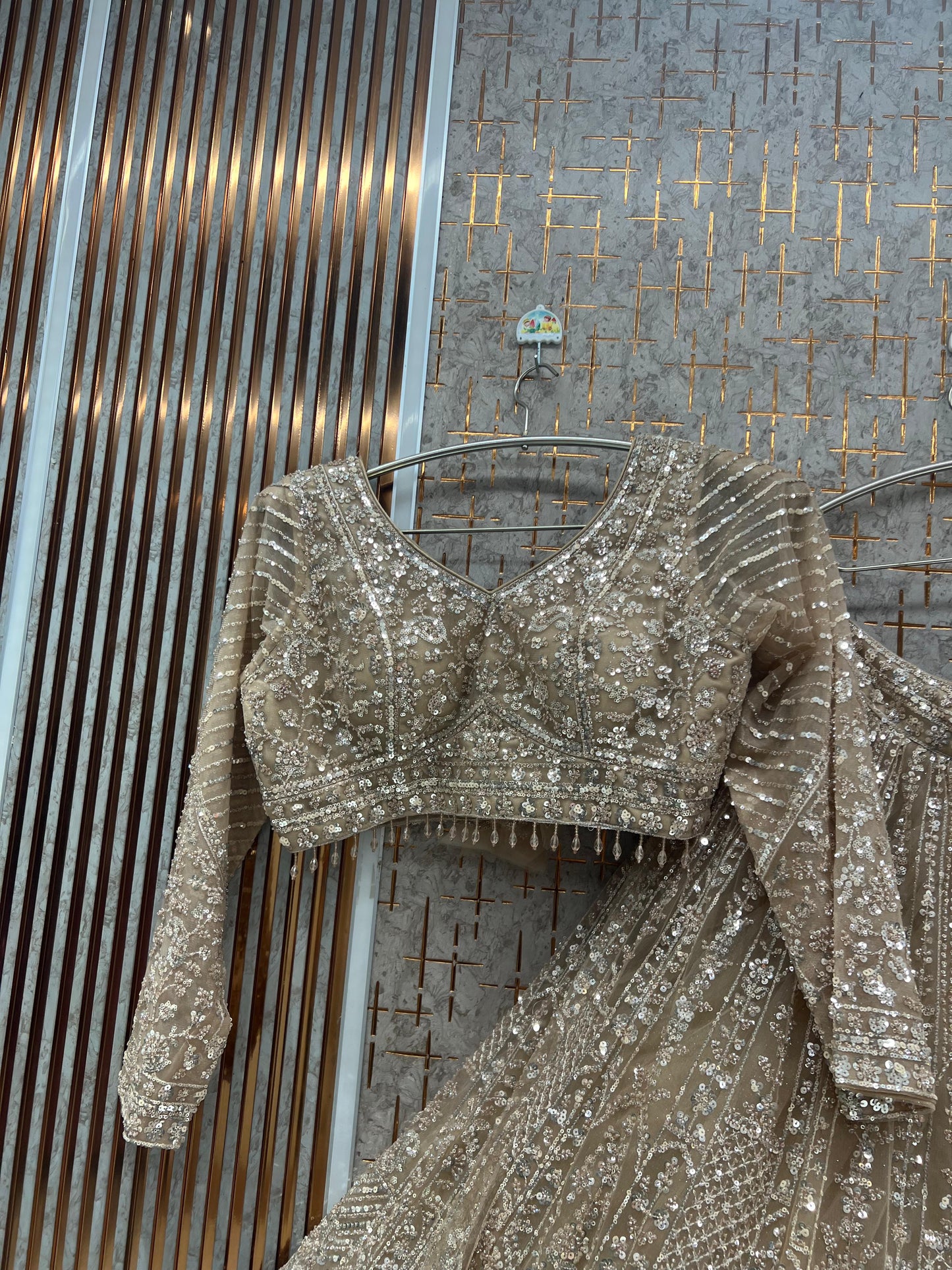 Beige Golden Crop top Lehenga