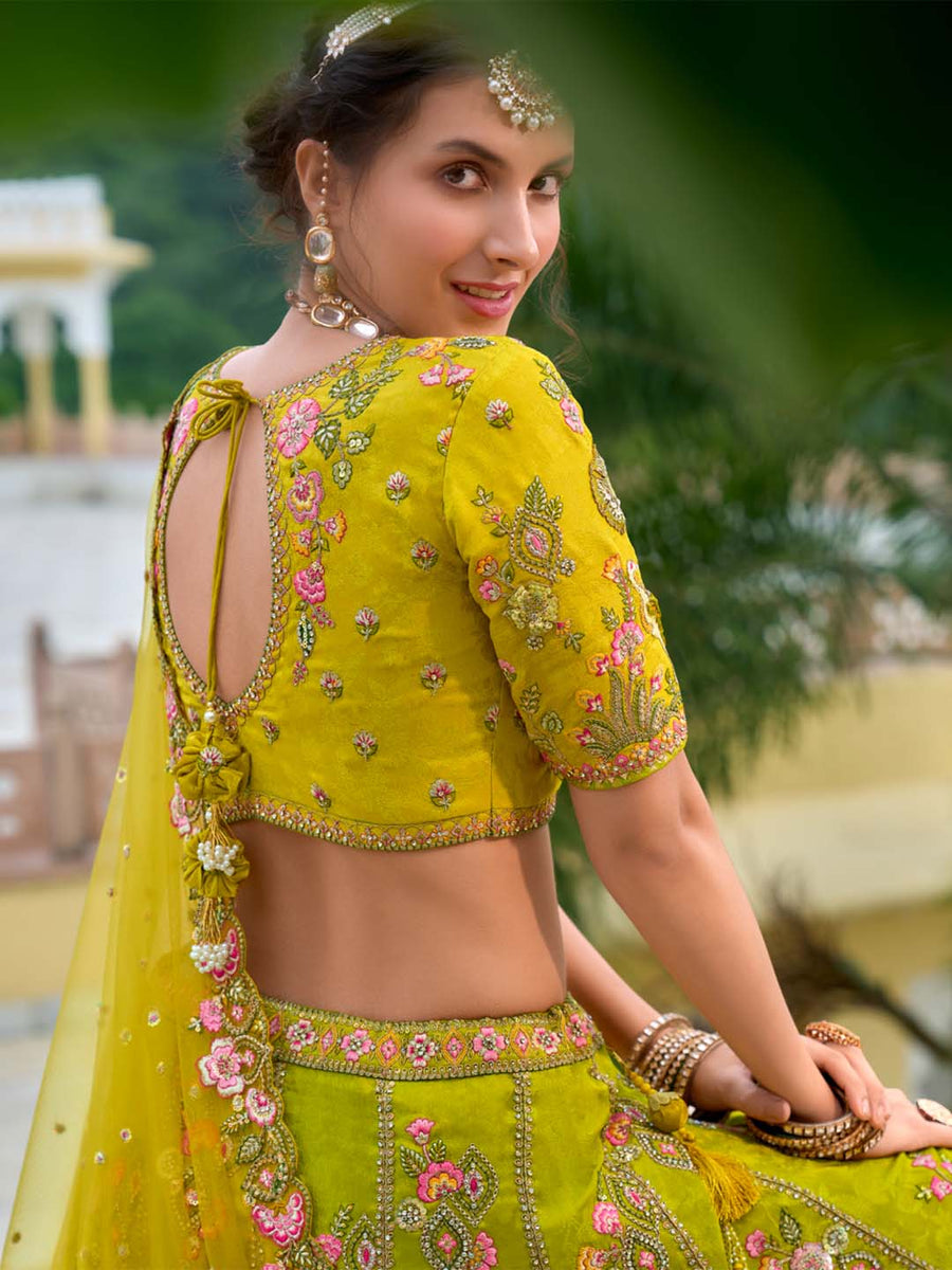 Yellow-Green Shaded Designer Embroidered Cut-Work Silk Semi Stitched Lehenga