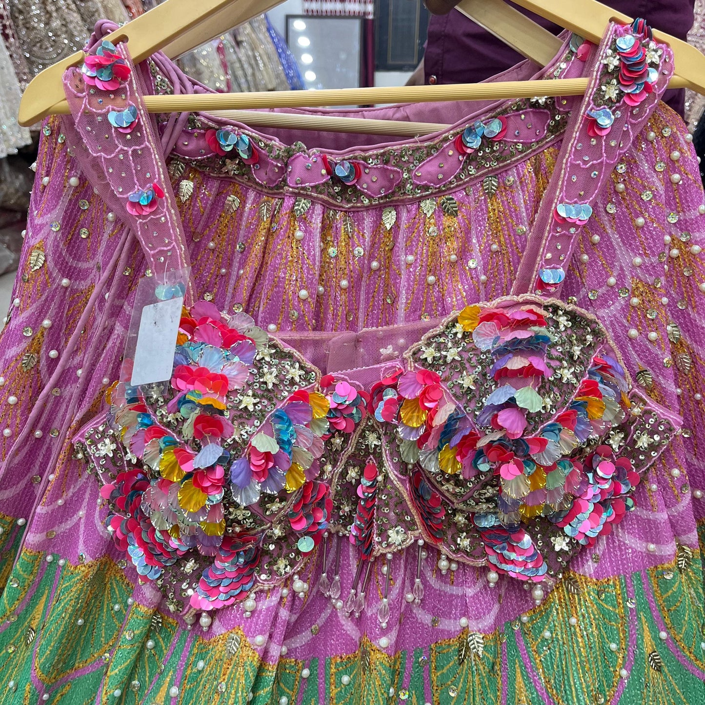 Amazing Pink Green Crop Top Lehenga