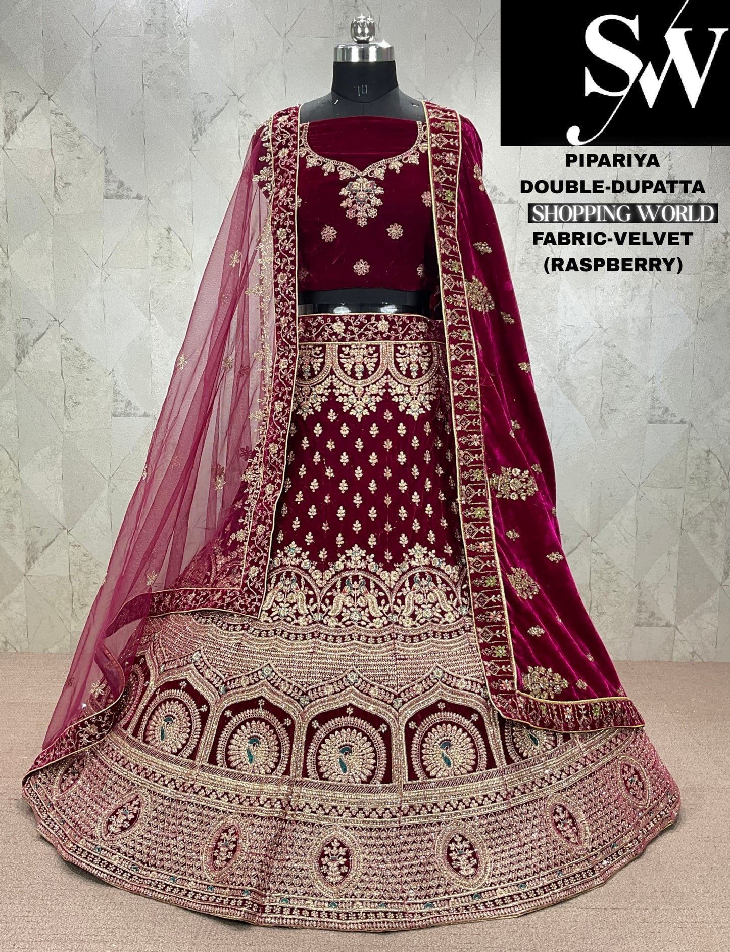 Astonishing dark maroon Velvet bridal Lehenga