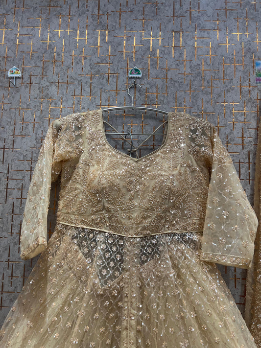 Majestic Beige golden long peplum Dress Farshi Gaharara Dress Special