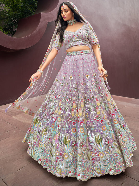 Multi Color Sequin-Thread Heavy Embroidered using Zarkan Net Lavender Lehenga