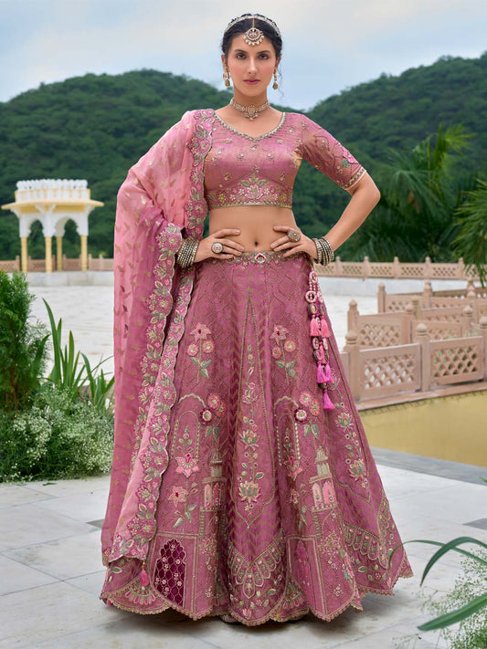 Rosegold Color Patch-Work & Cut-Work Silk Embroidered Semi Stitched lehenga