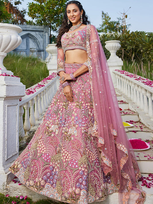 Pink Multi-Color Sequins Work Heavy Floral Lehenga Embroidered Using Zarkan & Mirror Lehenga