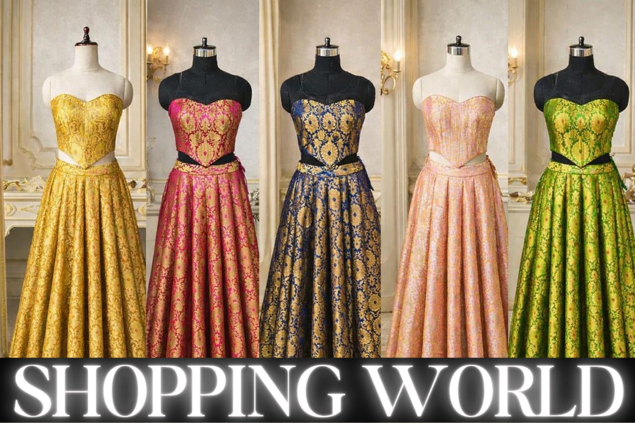 Pink Blue Golden Green Yellow Crop Top Lehenga