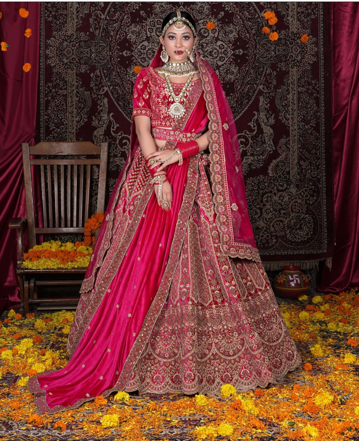 Rani Pink Net Bridal Lehenga Lovely Rani Pink Double Dupatta