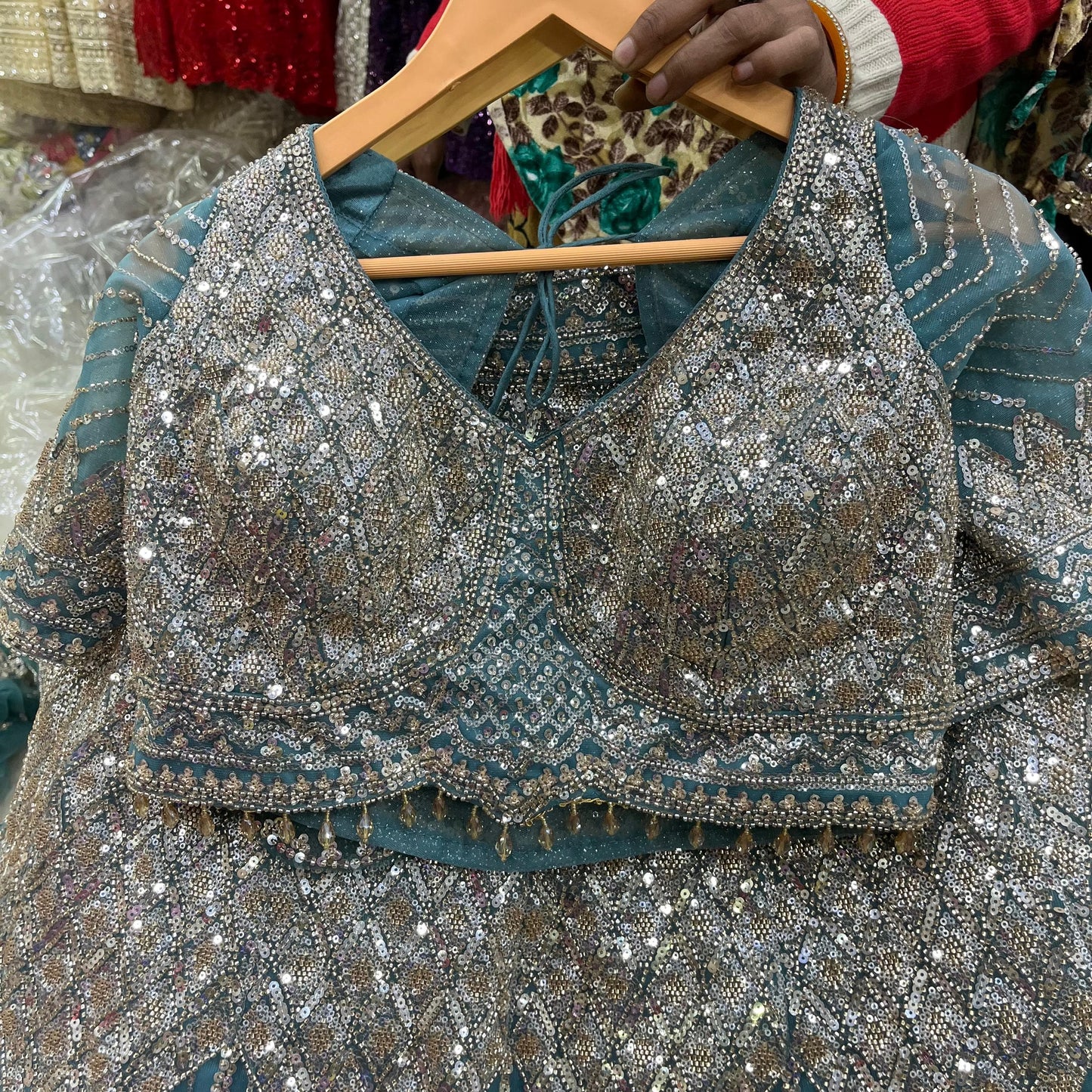 Embellished peach golden Crop Top Lehenga