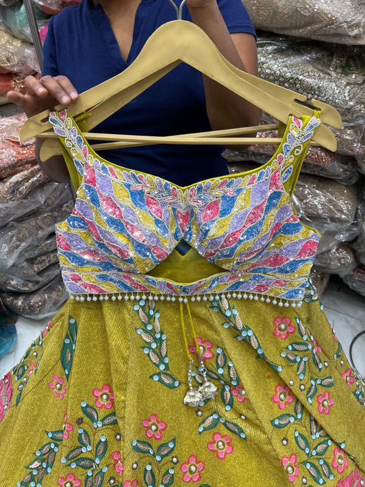 Yellow pink pdp Crop Top Lehenga