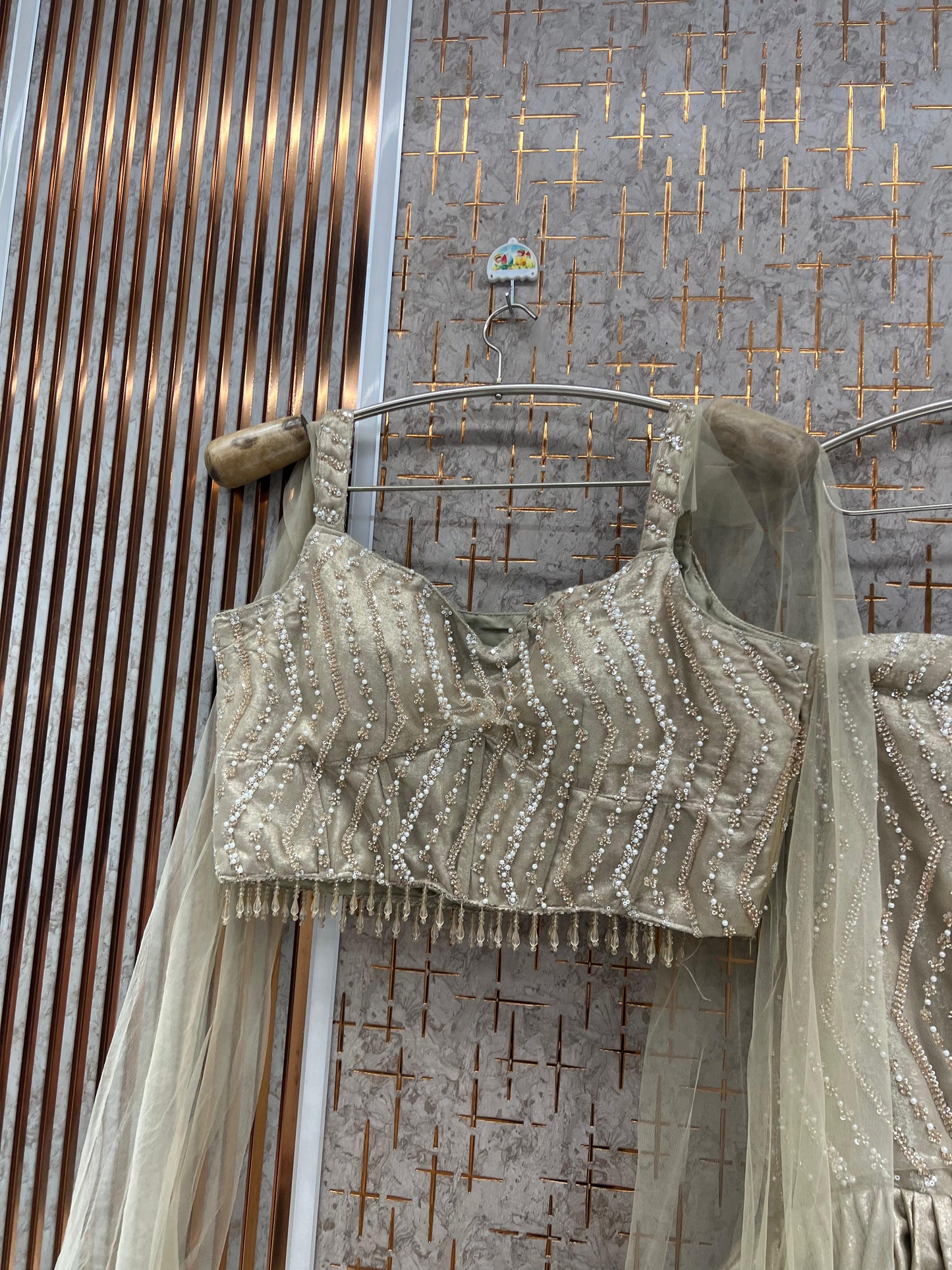 Beige Golden Crop Top Lehenga - Shopping World