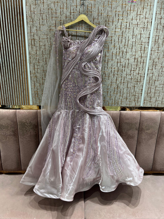 Sea Green peach Lavender Fish cut lehenga