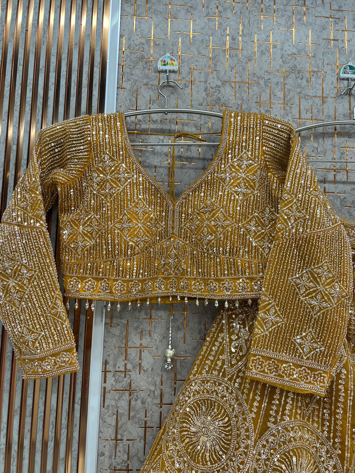 Beige Golden Crop Top Lehenga