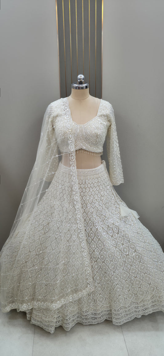 White On White Monotone Crop Top Lehenga