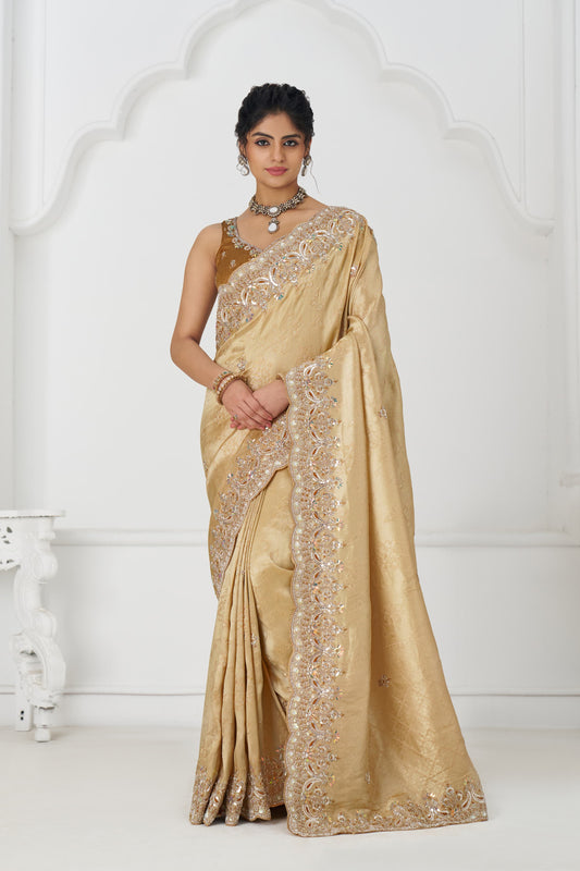 Awesome golden Saree 101 Trendy Golden Pure Dola Viscouse Silk Saree with sequins and beads Embroidery for Festivals