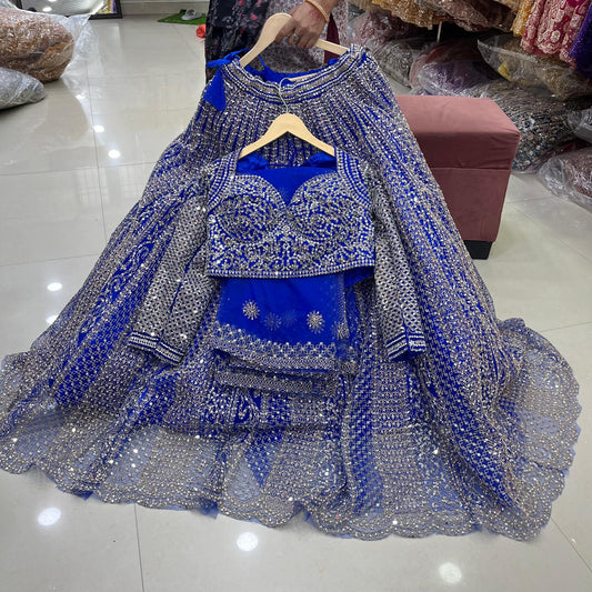 Amazing Royal Blue Mirror work Crop Top Lehenga