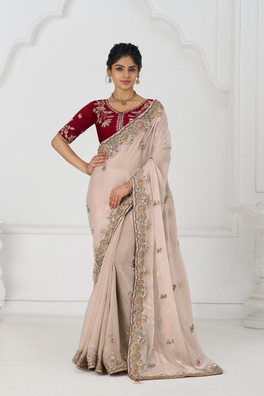 Chiku color Saree stunning Fendi Silk with Zari & Sequins Elegance 13
