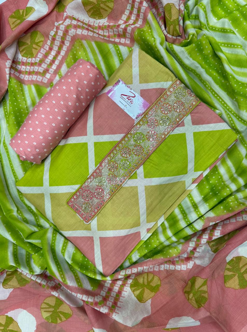 Engaging multicolour green suit dress material (free size)