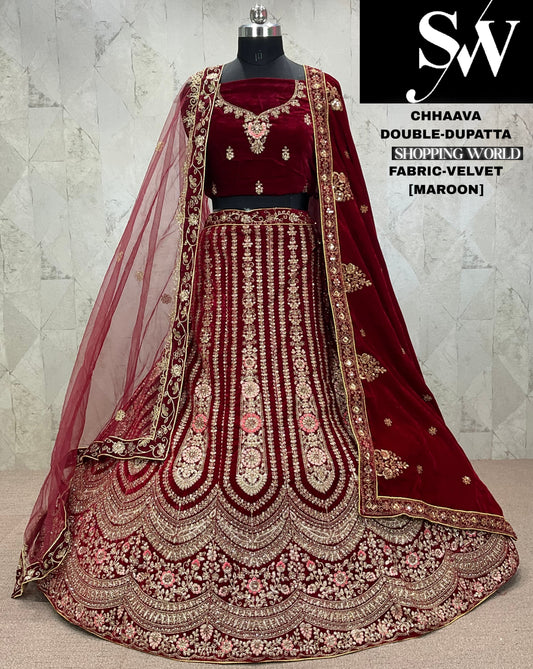 Attractive dark maroon Velvet bridal Lehenga