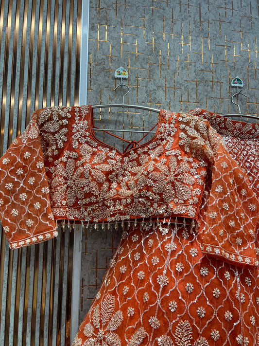 Fantastic Rust Orange Floral Crop top Lehenga