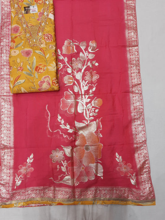 Attractive pink yellow suit dress material (free size)