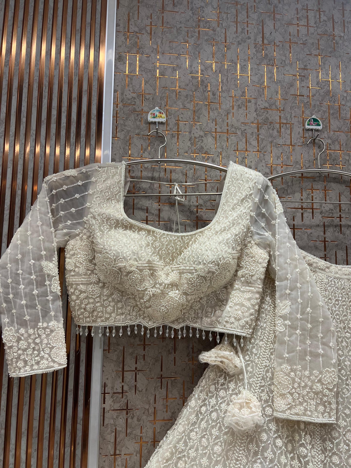 Cream White Floral Crop Top Lehenga