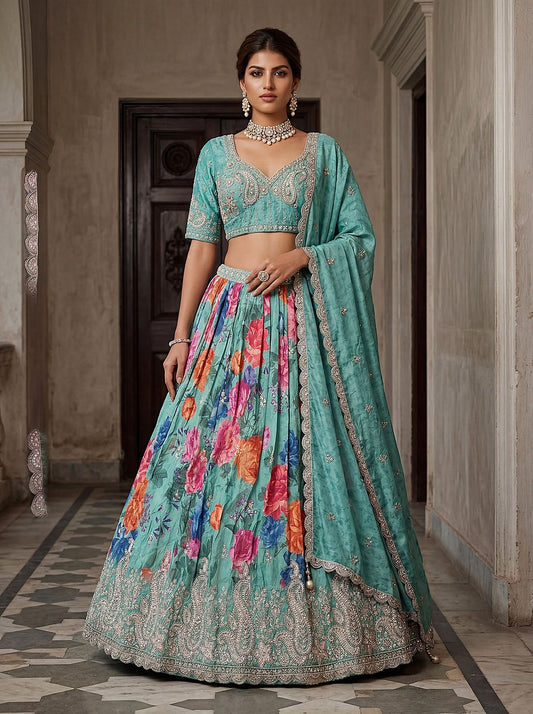 Sky Blue Tissue Fabric Bead Work Lehenga 1245