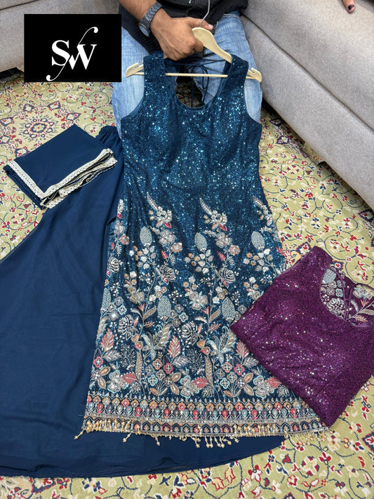 Elegant Dark blue unstitched salwar suit shrug dress material