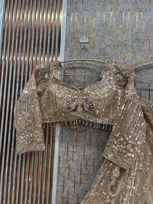 Beige Golden Peacock Crop Top Lehenga