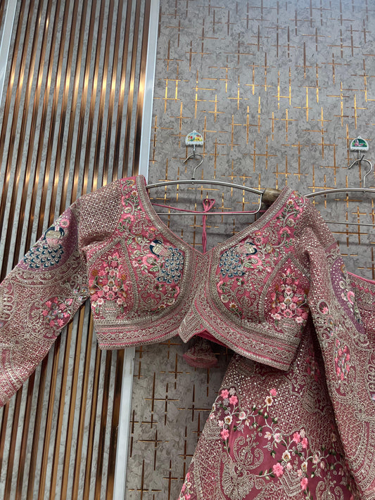 Baby Pink Peacock Crop Top Lehenga