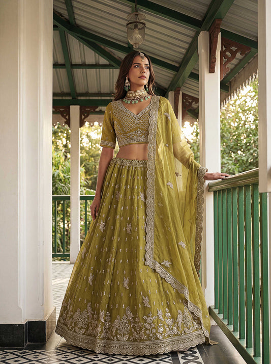 Mehendi Green Organza Tissue Fabric Lehenga 1247