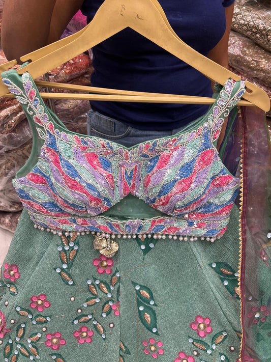 pink Green pdp Crop Top Lehenga