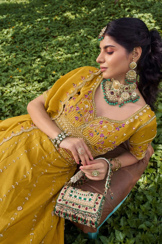 Yellow Haldi Mehendi Tissue Fabric Bead Work Lehenga 1139