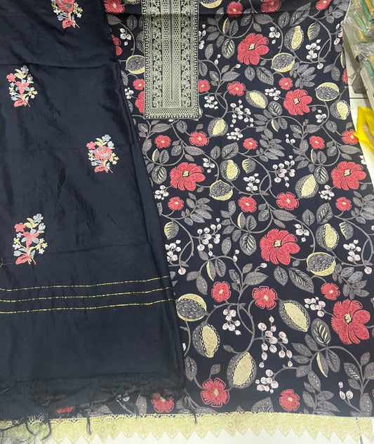 Stunning black floral unstitched salwar suit dress material (free size)