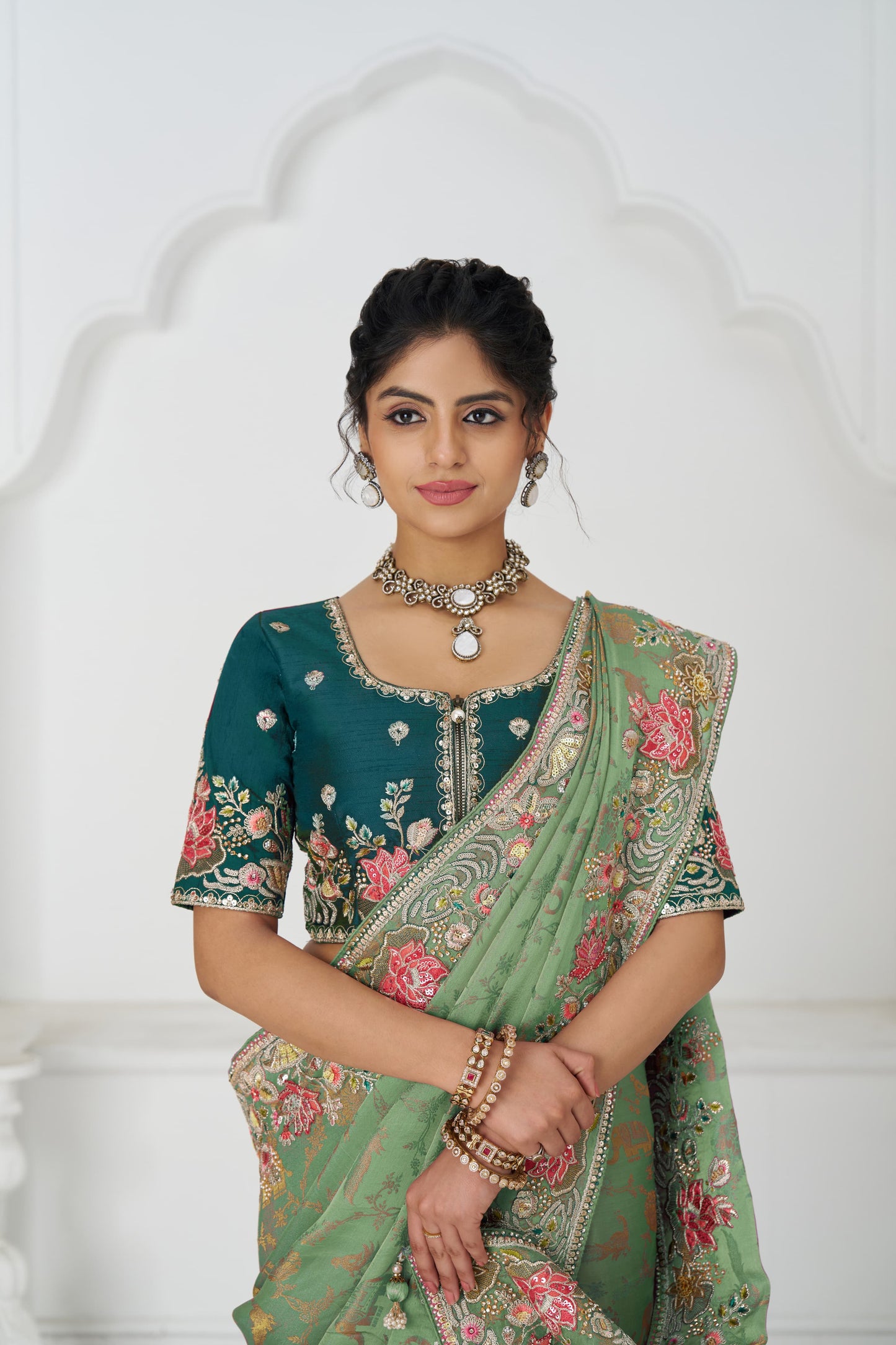 Beautiful green Saree 112 Grace in Green: Multi-Thread Embroidered Saree with Floral Elegance