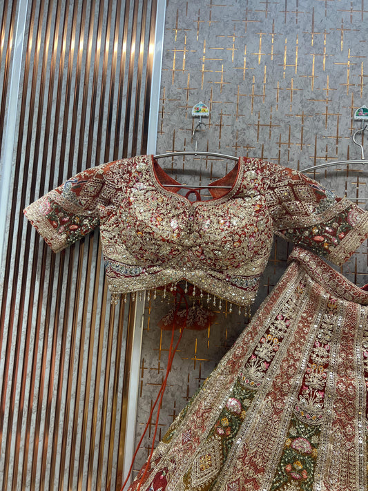 Rust Orange Peacock Crop Top Lehenga
