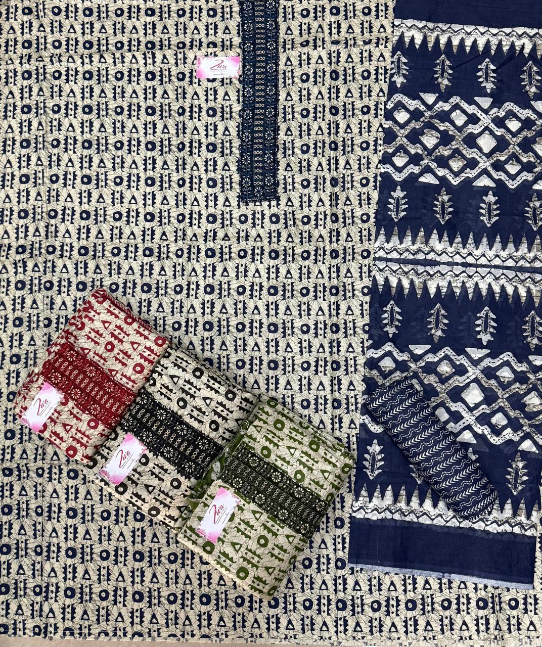 Awesome navy blue red green unstitched salwar suit dress material (free size)