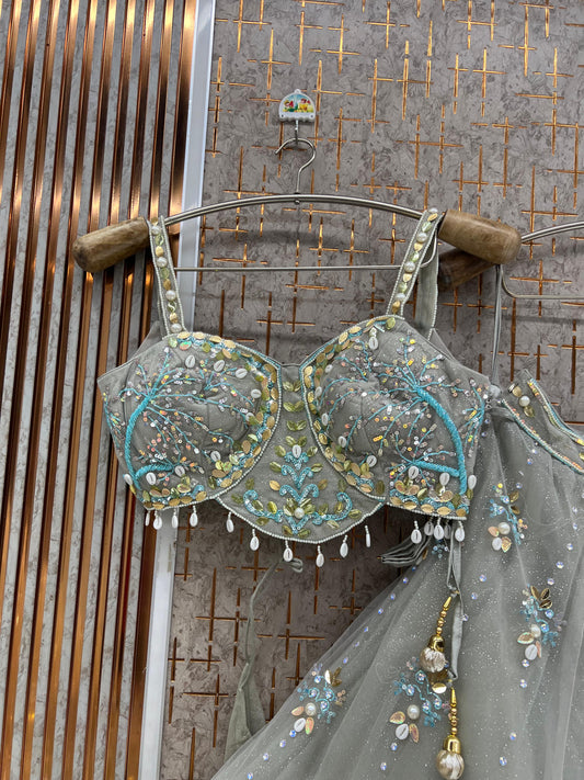 Grey Blue Crop Top Lehenga