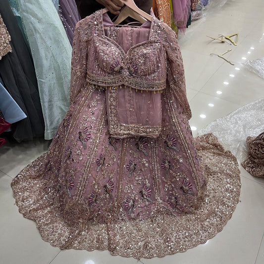 Beige Golden Peacock Crop Top Lehenga