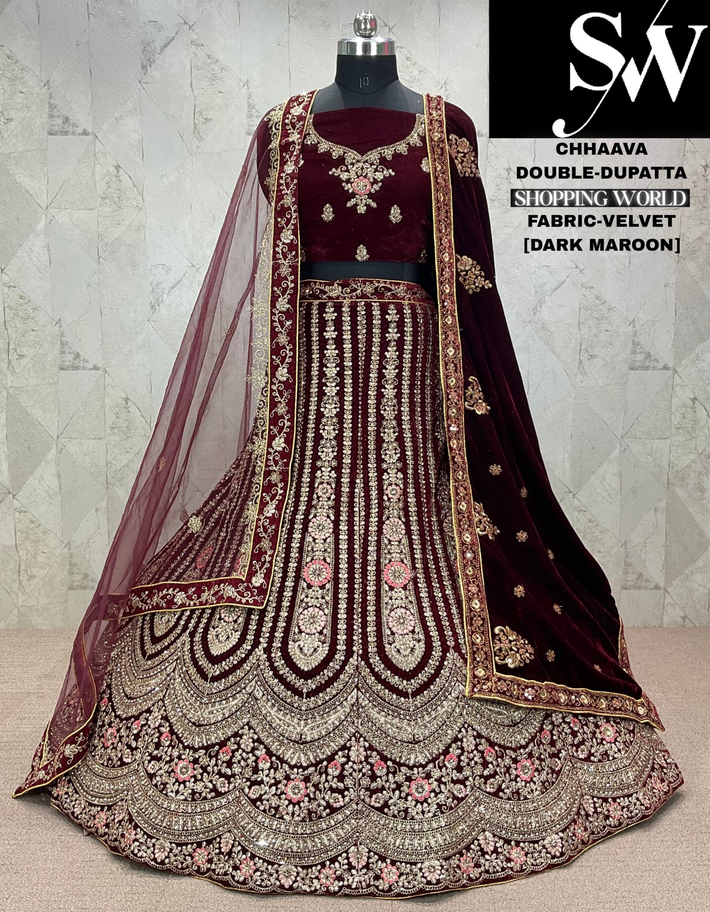 Cute maroon Velvet bridal Lehenga