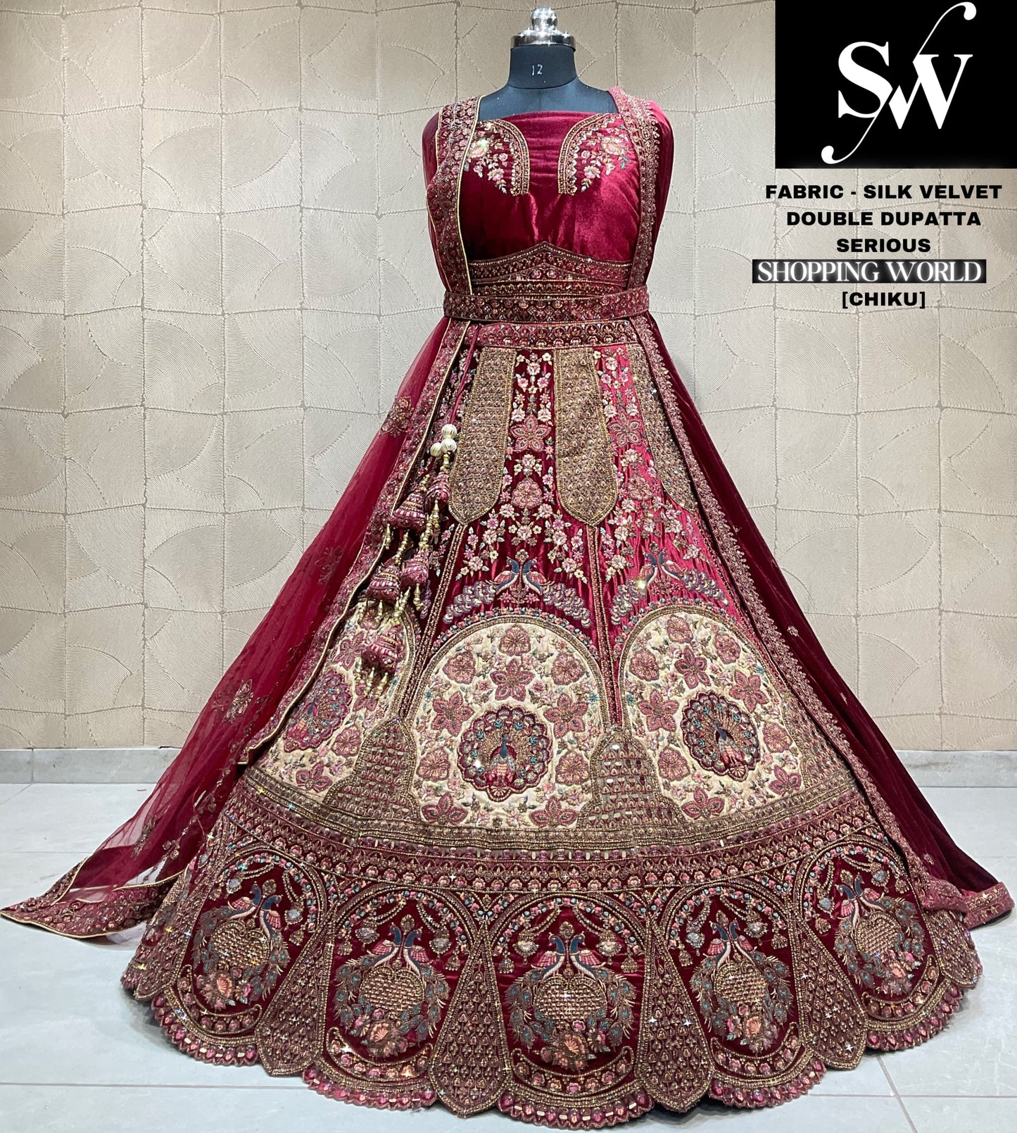 Glamorous chiku maroon peacock velvet double dupatta bridal lehenga