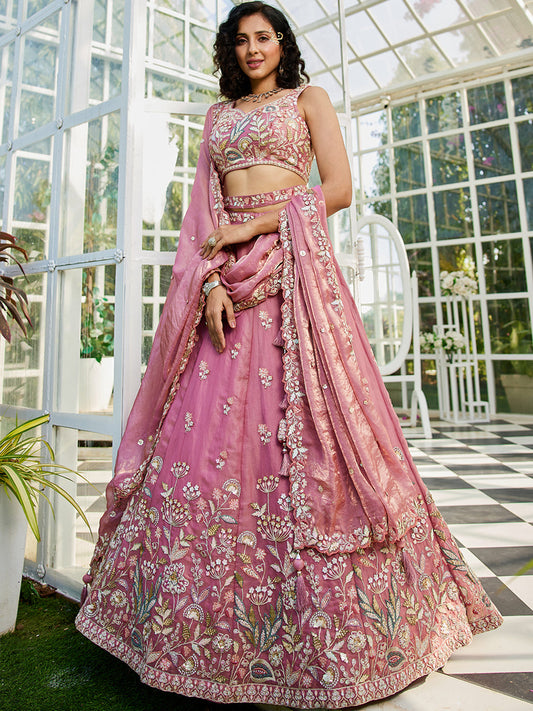 Tissue Fabric Using Golden Color Sequin,Multi-Thread Semi-Stitched Lehenga