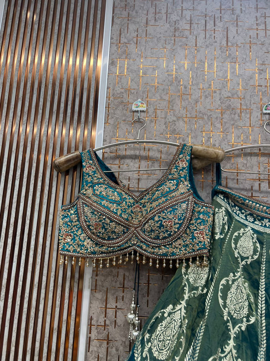 Green Banarasi Crop top Lehenga