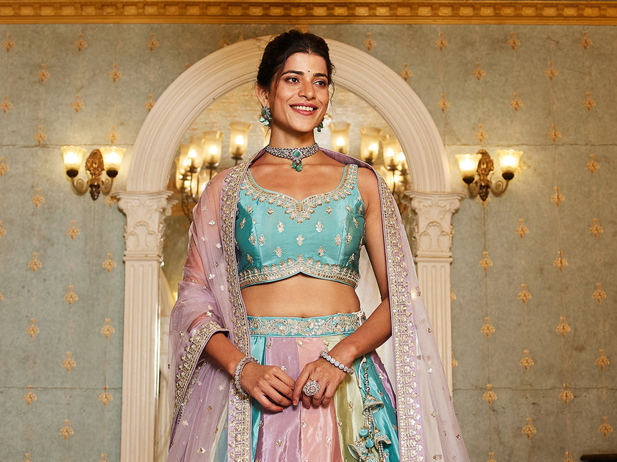 Multi Color Kali Satin Silk Golden Sequined,Thread,Coding Embroidered Lehenga