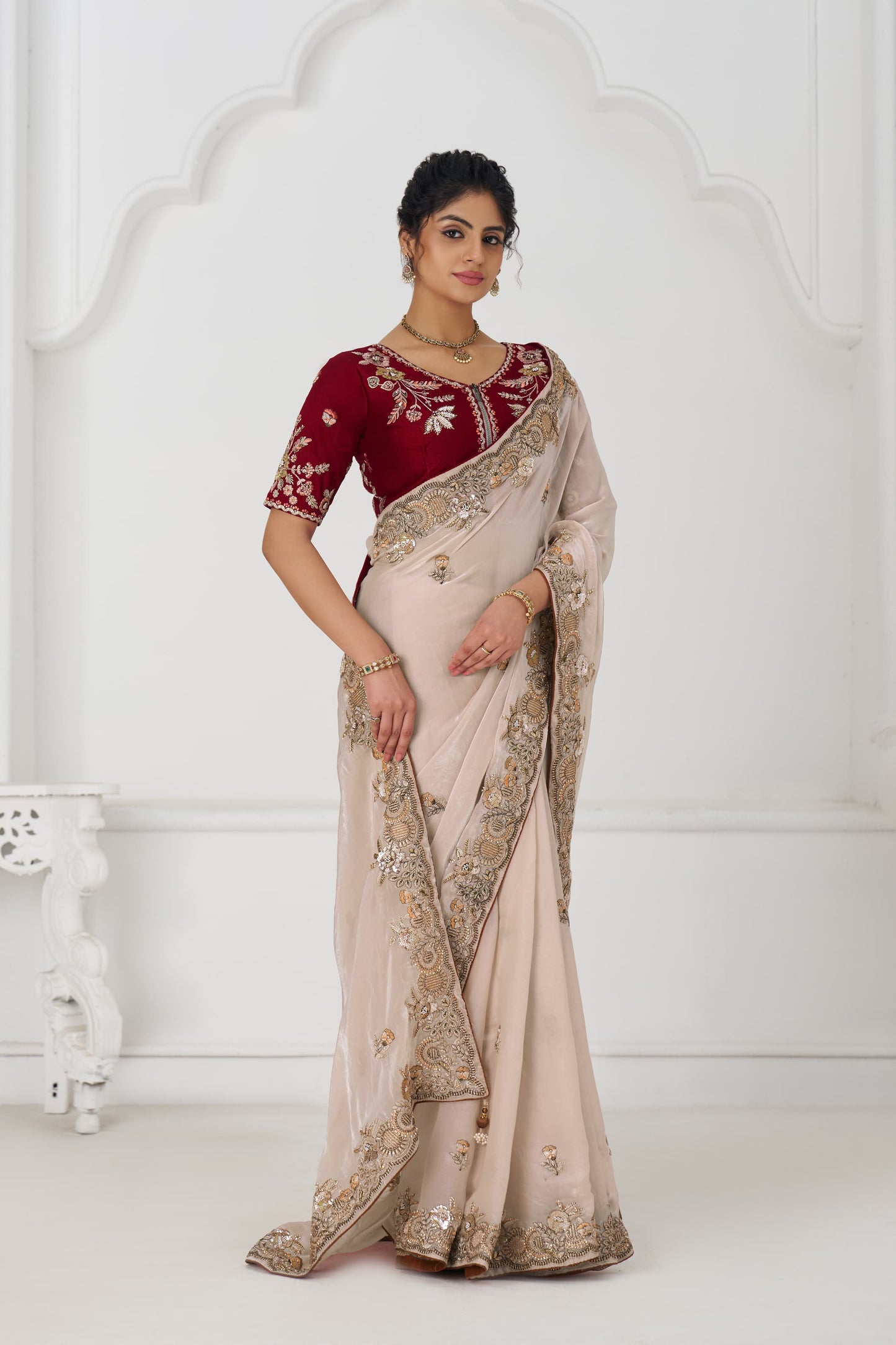 Chiku color Saree stunning Fendi Silk with Zari & Sequins Elegance 13