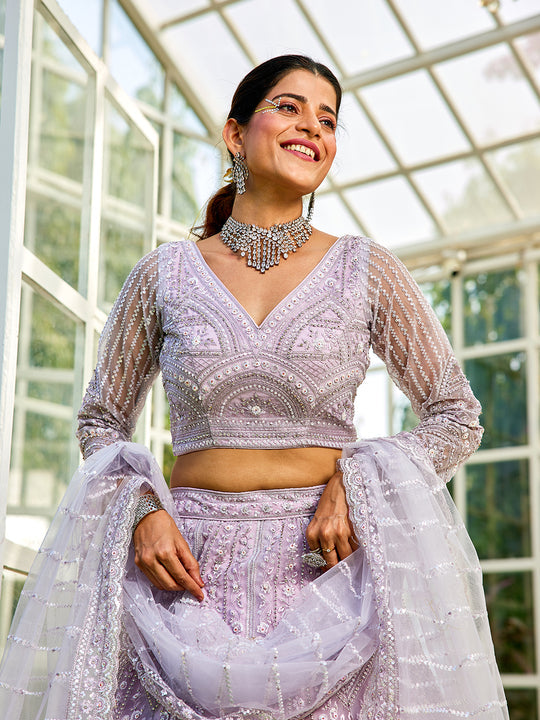Heavy Pink Embroidered Using Sequins, Zarkan and White Beads Net Semi-Stitched Lehenga