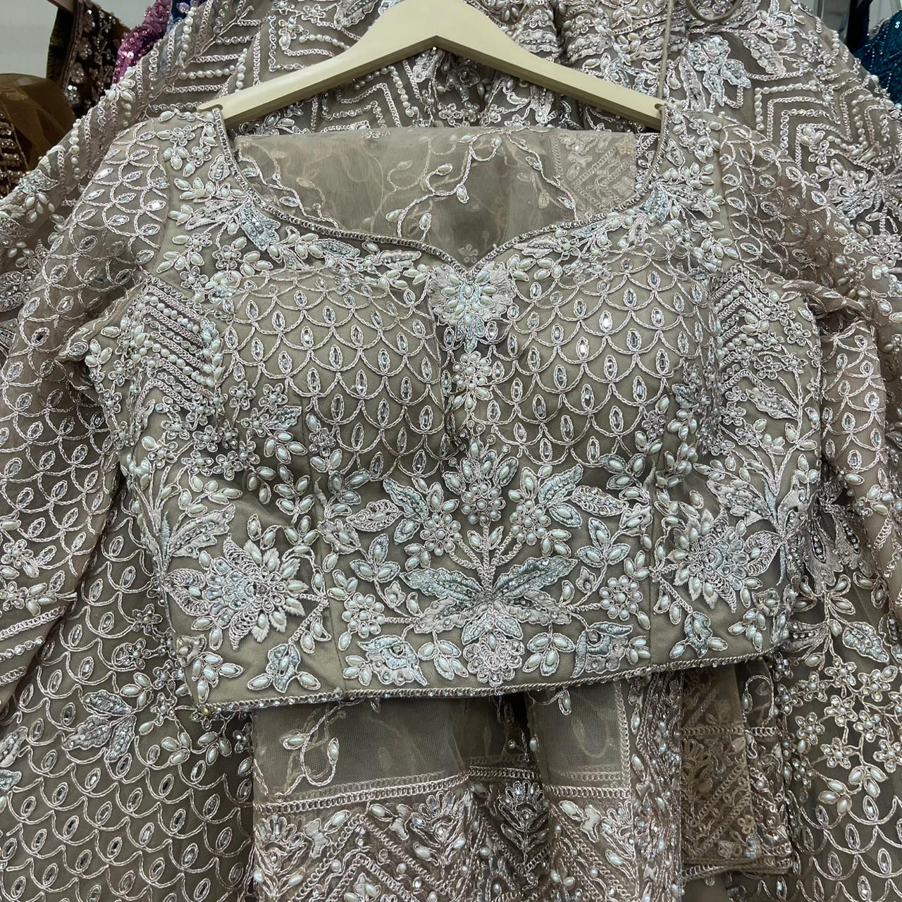Beige Golden crop Top Lehenga