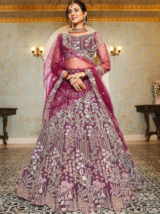 Hot Pink Net Heavy Embroidered Multi-Color Sequins Work Using Zarkan & Mirror Lehenga
