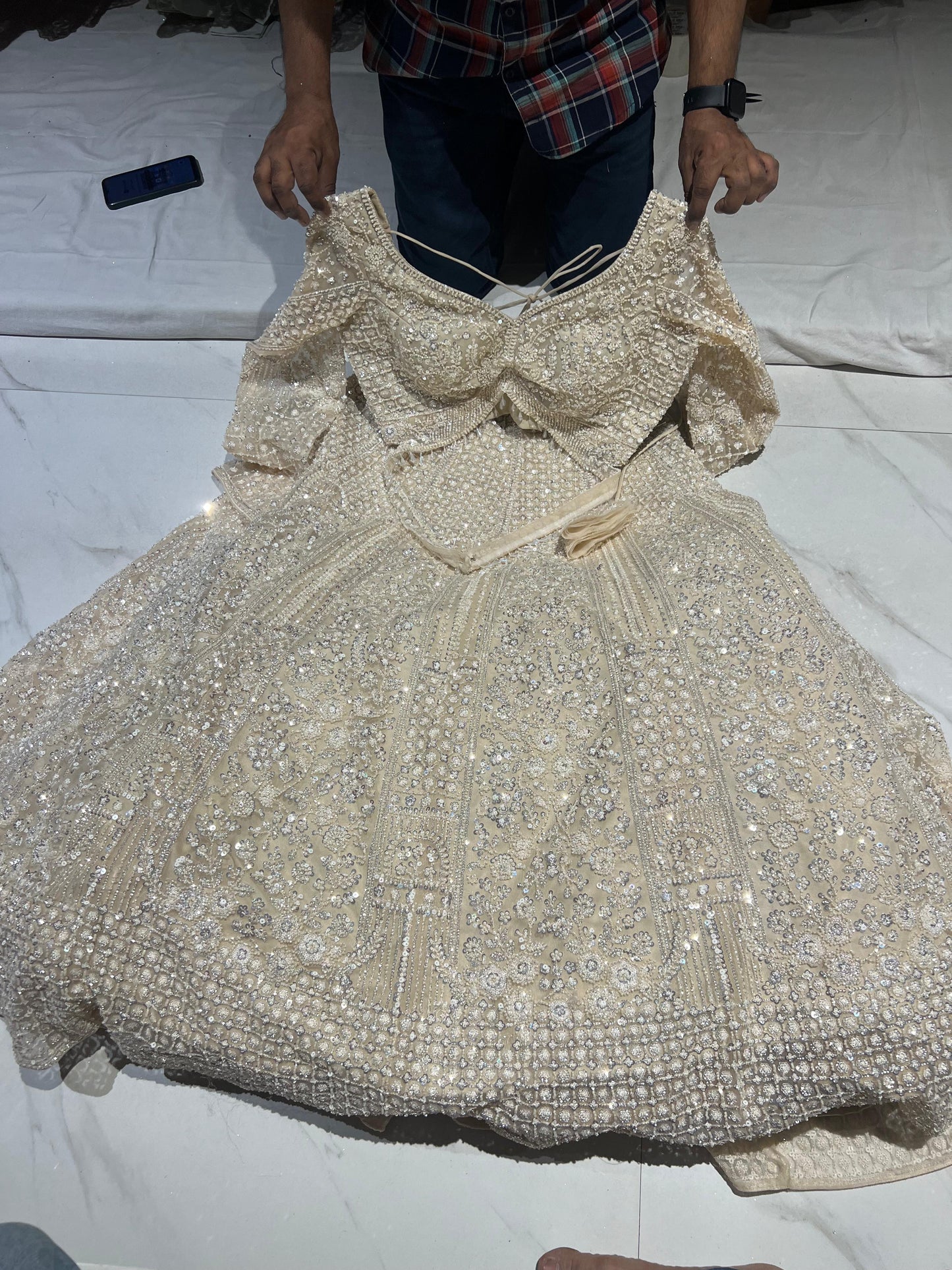 White chiku golden Crop Top Lehenga