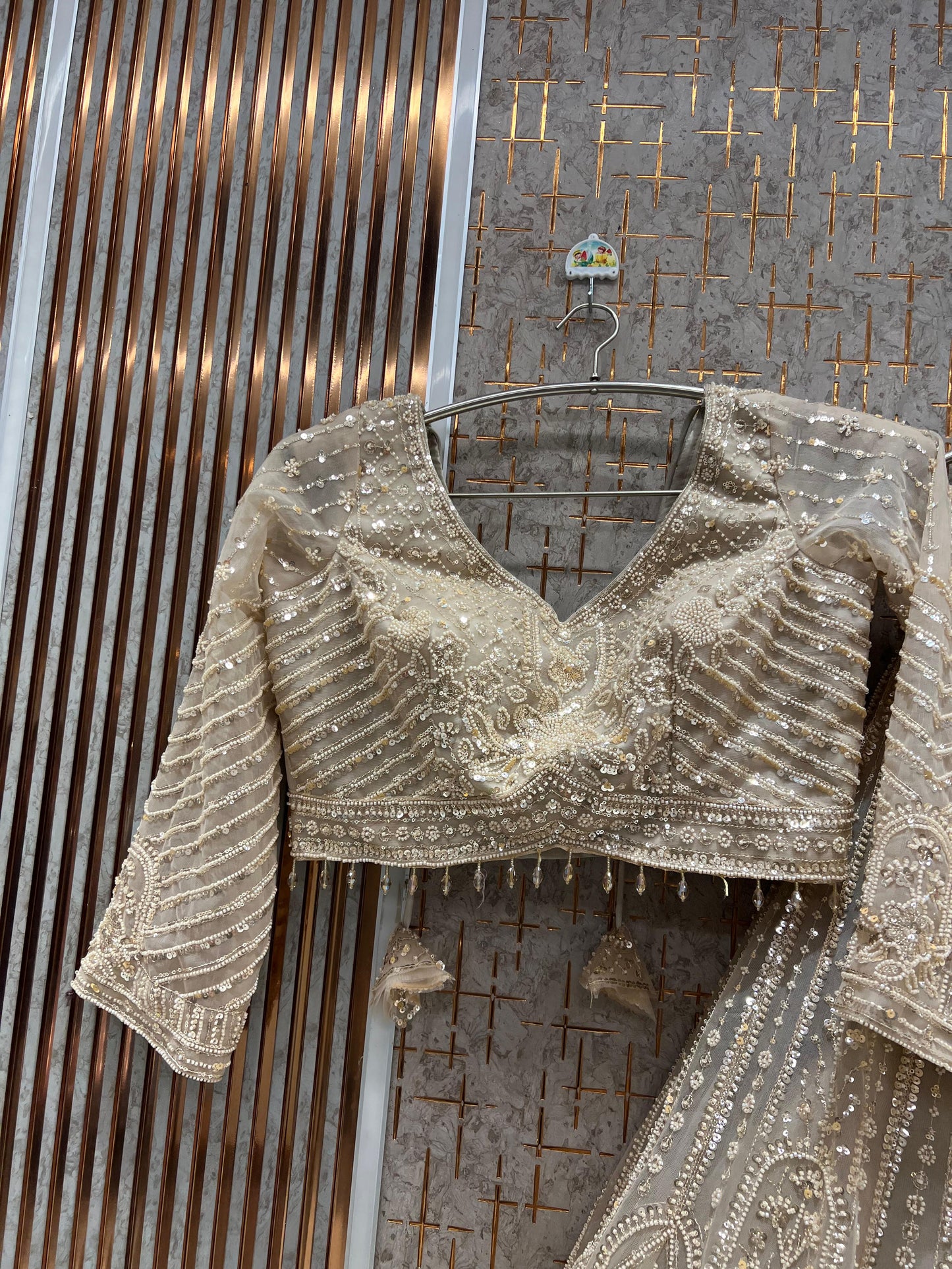 Embellished golden Ready to Wear crop top Lehenga