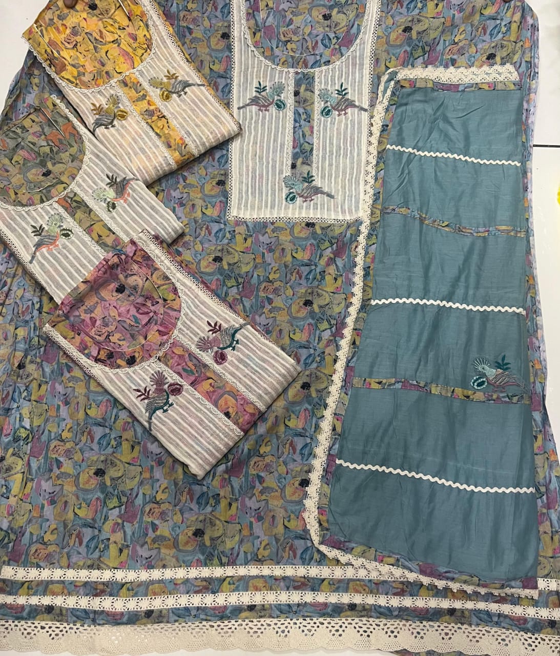 Something different blue yellow pink unstitched salwar suit dress material (free size)